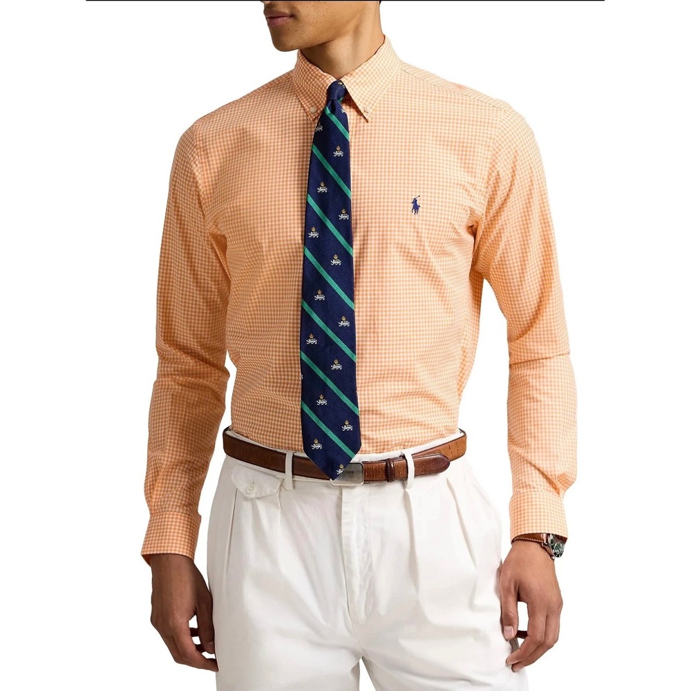Polo Ralph Lauren Mens Orange Gingham Check Button Down‎ Shirt Large L/G Cotton